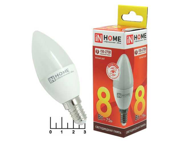 Лампа светодиодная 220V 8W E14 3000K белый теплый свеча матовая INHOME (37*107)
