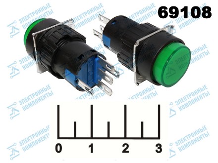Кнопка 250/3 AL6 зеленая круглая без фиксации 5 контактов (подсветка 12V)