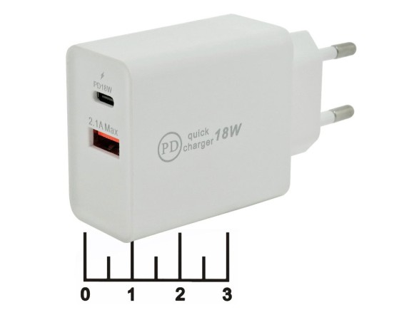 Сетевое зарядное устройство USB + Type C 5V 2.1A/9V 2A/12V 1.5A QC-3.0 18W APD-889