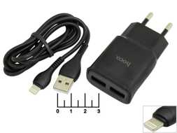 Сетевое зарядное устройство 2USB 5V 2.4A (шнур Lightning) Hoco C88A (черное)