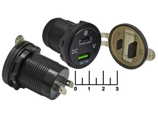 Зарядное устройство USB 5V LED синий + Type C + вольтметр с крышкой в панель (№32)