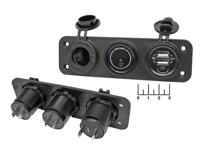 Зарядное устройство 2USB 5V 4.2A LED синий + гнездо прикуривателя + вольтметр с крышкой в панель