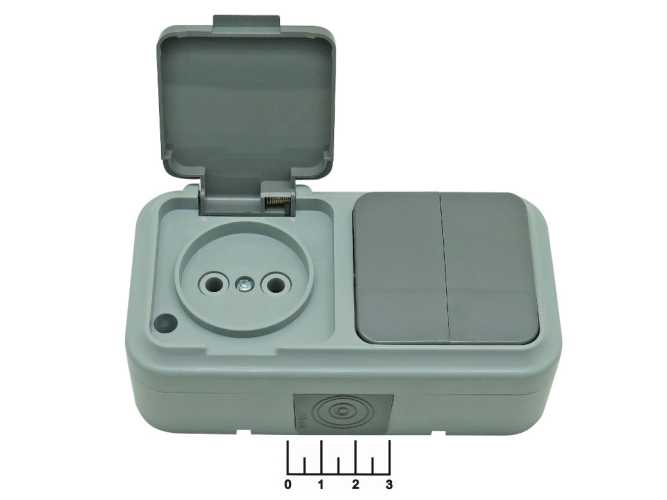 Розетка электрическая накладная без земли + выключатель 2-клавишный Bylectrica серая 2В-РЦ-655