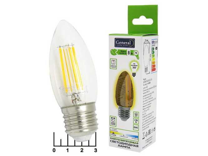 Лампа светодиодная 220V 8W E27 2700K белый теплый свеча прозрачная филаментная General (649974)