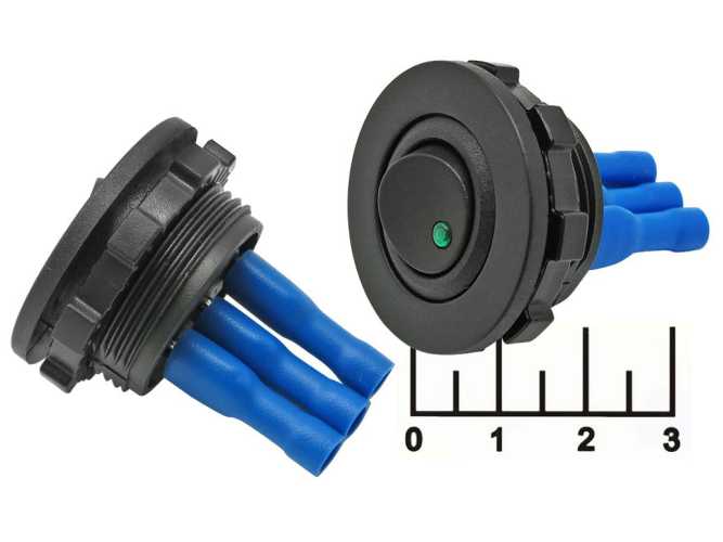 Выключатель 12/20 12V 20A черный LED зеленый круглый 3 контакта врезной в рамке (подсветка 12V)