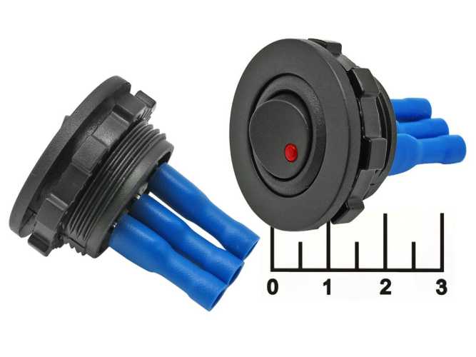 Выключатель 12/20 12V 20A черный LED красный круглый 3 контакта врезной в рамке (подсветка 12V)