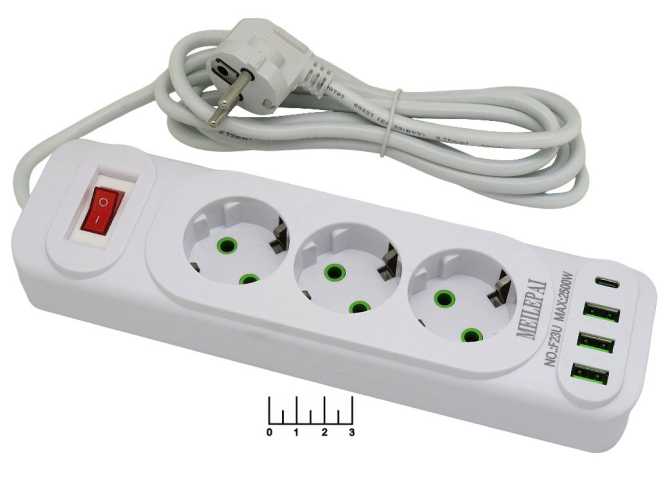 Удлинитель электрический 3/2м + 3USB + Type C с выключателем (max-10A) F23U