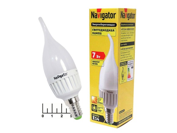 Лампа светодиодная 220V 7W E14 2700K белый теплый свеча на ветру матовая Navigator (37*130) (525lm)