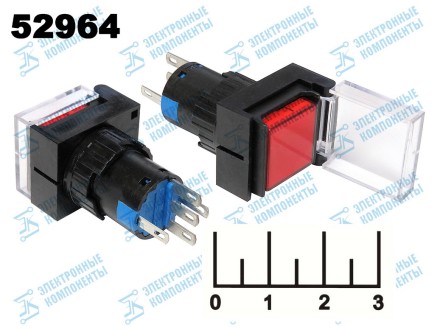 Кнопка 250/3 AL6-A красная квадратная с фиксацией с крышкой 5 контактов (подсветка 220V)