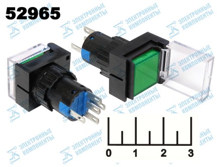 Кнопка 250/3 AL6-A зеленая квадратная без фиксации с крышкой 5 контактов (подсветка 220V)