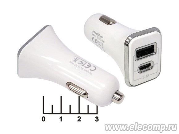 Автомобильное зарядное устройство USB 5V 3.1A + Type C гнездо №300TC (белое)