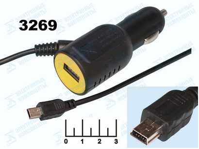 Автомобильное зарядное устройство mini USB 5V 2A 2м + USB
