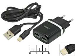 Сетевое зарядное устройство 2USB 5V 2.4A (шнур Lightning) Hoco C12 (быстрая зарядка)
