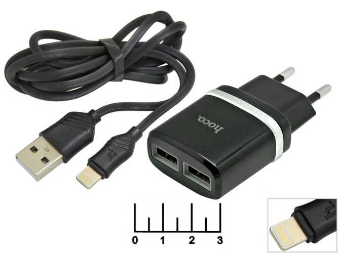 Сетевое зарядное устройство 2USB 5V 2.4A (шнур Lightning) Hoco C12 (быстрая зарядка)