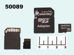 Карта памяти micro SD 16Gb + адаптер SD Smartbuy class10 (SDHC)