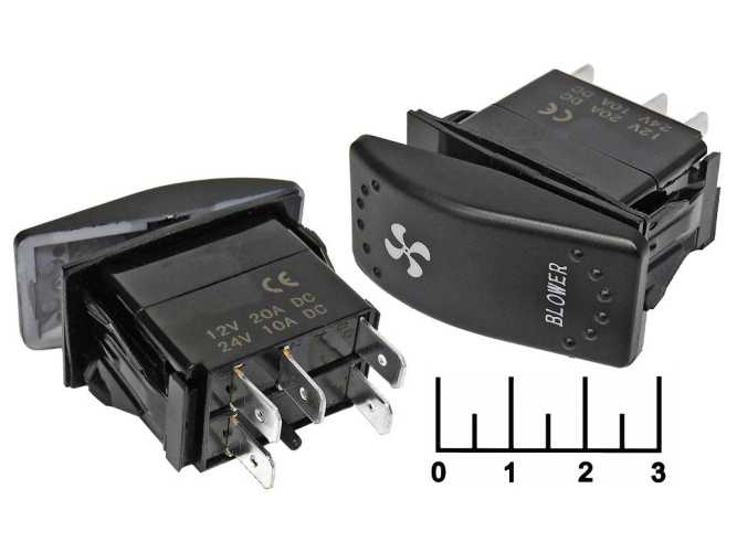 Выключатель 24/10 24V 10A RK1-06 черный LED зеленый + красный с фиксацией 5 контактов (вентилятор)