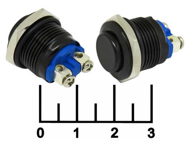 Кнопка без фиксации антивандальная черная металл 2 контакта под винт (16мм)