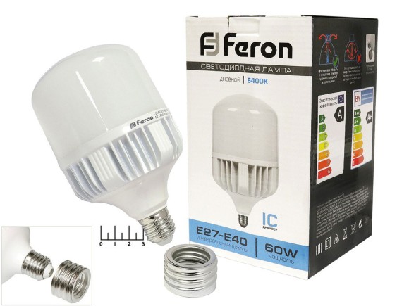 Лампа светодиодная 220V 60W E27 6400K белый холодный+ переходник E40 Feron LB-65 (25782) (138*230)