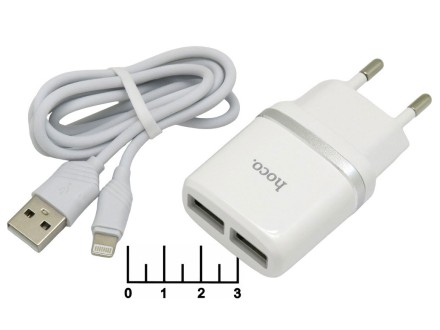 Сетевое зарядное устройство 2USB 5V 2.4A (шнур Lightning) Hoco C12