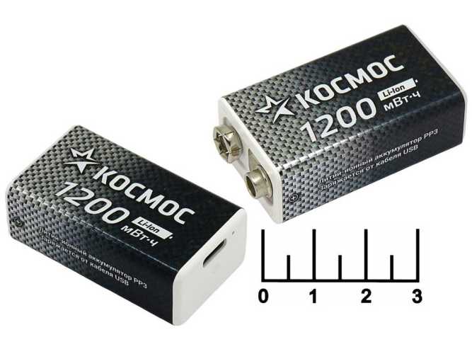 Аккумулятор 6F22 9V 1.2A + Type C Li-ion Космос