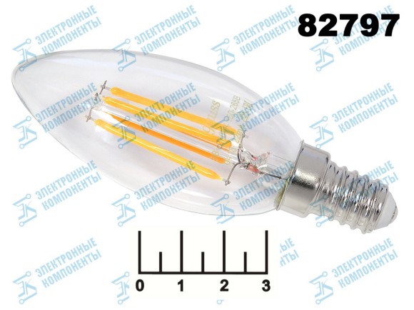 Лампа светодиодная 220V 5W E14 2700K белый теплый свеча прозрачная нитевидная Gauss диммируемая