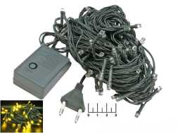 Гирлянда 100 светодиодов желтая 10м с контроллером (зеленая нить) (55064)
