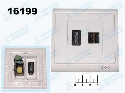 Розетка HDMI гнездо/USB 2 гнезда врезная (5V 2A)