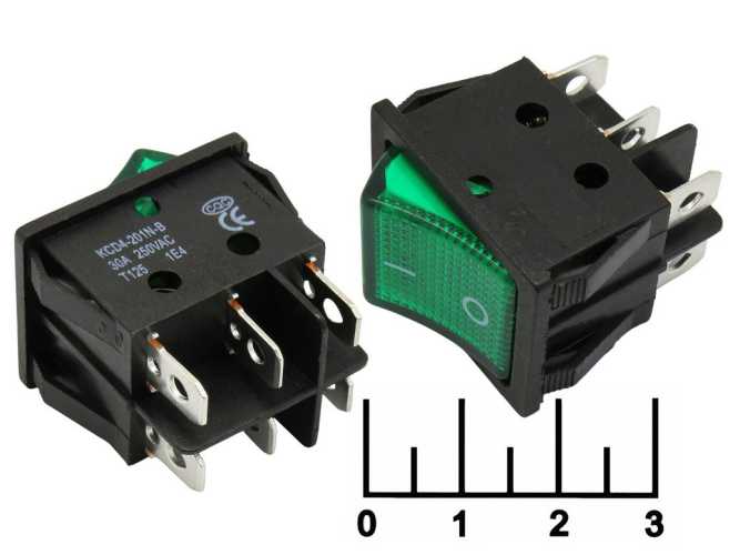 Выключатель 250/30 250V 30A KCD4-201N-B зеленый 6 контактов (перекидной)