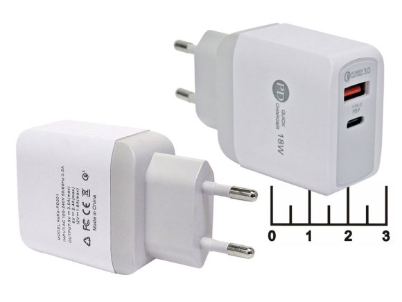Сетевое зарядное устройство USB + Type C 5V 3A/9V 2.4A/12V 1.8A QC-3.0 18W KEKE-PD001