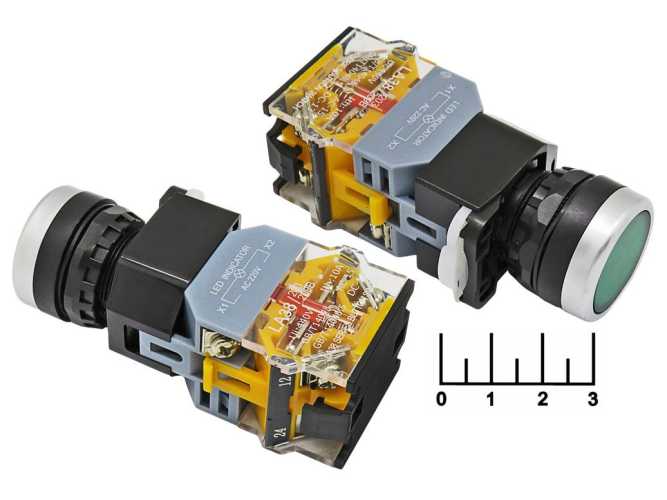 Кнопка 220/10 220V 10A LA38-11DT зеленая без фиксации (LA38-11/203) (подсветка 220V)