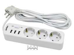 Сетевой фильтр 3/4м + 3USB с выключателем (max-10A) Perfeo PF_C3908