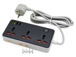 Сетевой фильтр 3/1.5м + 3USB + Type C AC8A с выключателем Hoco черный 30W (max-10A)