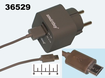 Сетевое зарядное устройство 2USB 5V 3.1A (шнур micro USB) Smartbuy (УЗУ-8284)