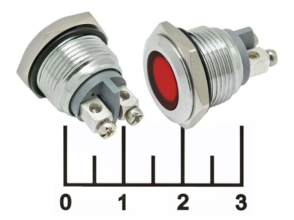 Лампа 12-24V LED красная в металлическом корпусе антивандальная 2 контакта под винт (16мм) GQ16F-R