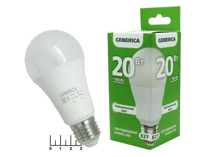Лампа светодиодная 220V 20W E27 4000K белый A60 Generica (60*125)