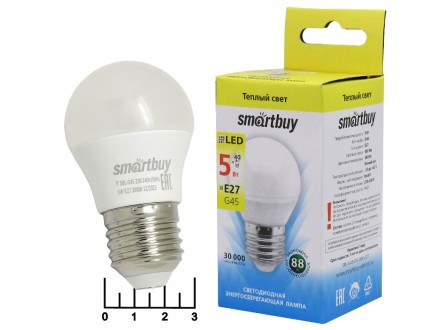Лампа светодиодная 220V 5W E27 3000K белый теплый шар G45 матовая Smartbuy (45*80) (400lm)