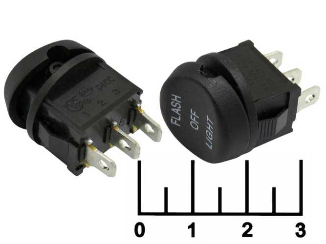 Выключатель 250/6 250V 6A MRS-1C черный круглый 3 контакта 3-х позиционный (FLASH/LIGHT)