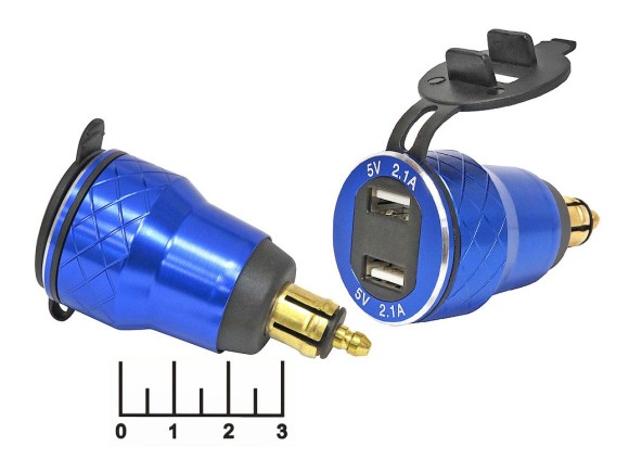 Зарядное устройство 2USB 5V 2.1A + вольтметр синий (mini штекер прикуривателя)