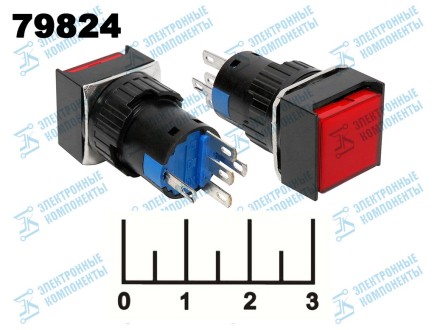 Кнопка 250/3 AL6-A красная квадратная с фиксацией 5 контактов (подсветка 220V)