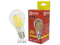 Лампа светодиодная 220V 25W E27 3000K белый теплый A65 прозрачная филаментная INHOME (65*125)