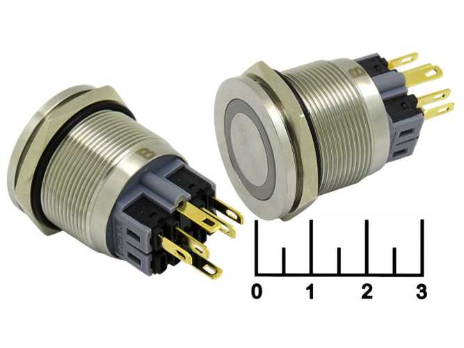 Кнопка IPBS-R/R GQ25-11ZE/B с фиксацией антивандальная синяя металл 12V (25мм) (круг) 6 контактов