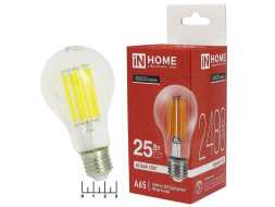 Лампа светодиодная 220V 25W E27 4000K белый A65 прозрачная филаментная INHOME (65*125)