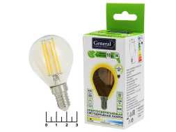 Лампа светодиодная 220V 10W E14 2700K белый теплый шар G45 прозрачная филаментная General (649912)