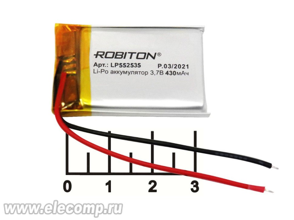 Аккумулятор 3.7V 0.43A 35*25*5 LP552535 Lithium polymer Robiton
