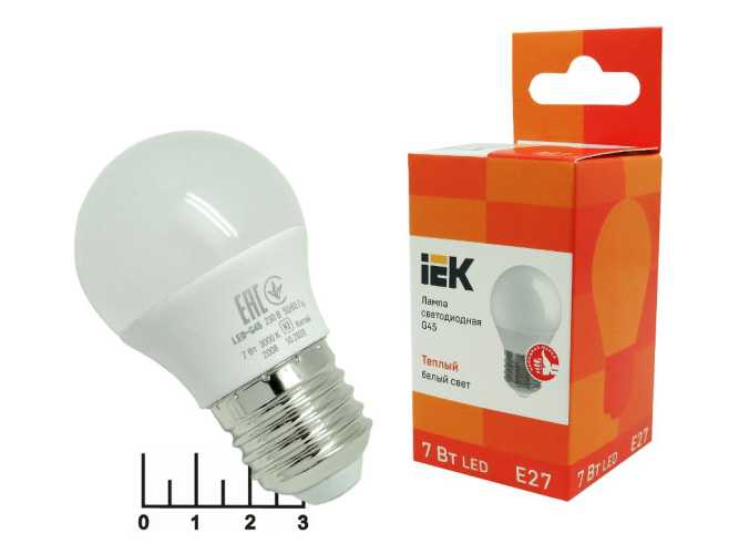 Лампа светодиодная 220V 7W E27 3000K белый теплый шар G45 матовая ИЭК (45*77)
