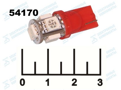 Лампа светодиодная 12V T10 5LED красная 5050R