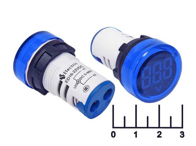 Вольтметр 5-60VDC ED16-22VD синий 22мм (28мм)