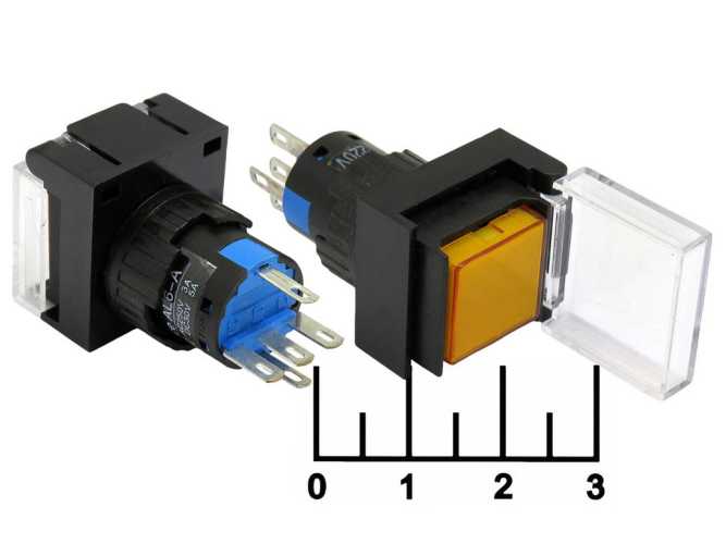 Кнопка 250/3 AL6-A желтая квадратная с фиксацией с крышкой 5 контактов (подсветка 220V)