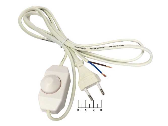 Шнур электрический без земли с диммером 1300W 1.7м (вилка прямая/плоская) (белый)