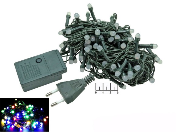 Гирлянда 100 светодиодов цветная 10м с контроллером "Минишарики" (зеленая нить)